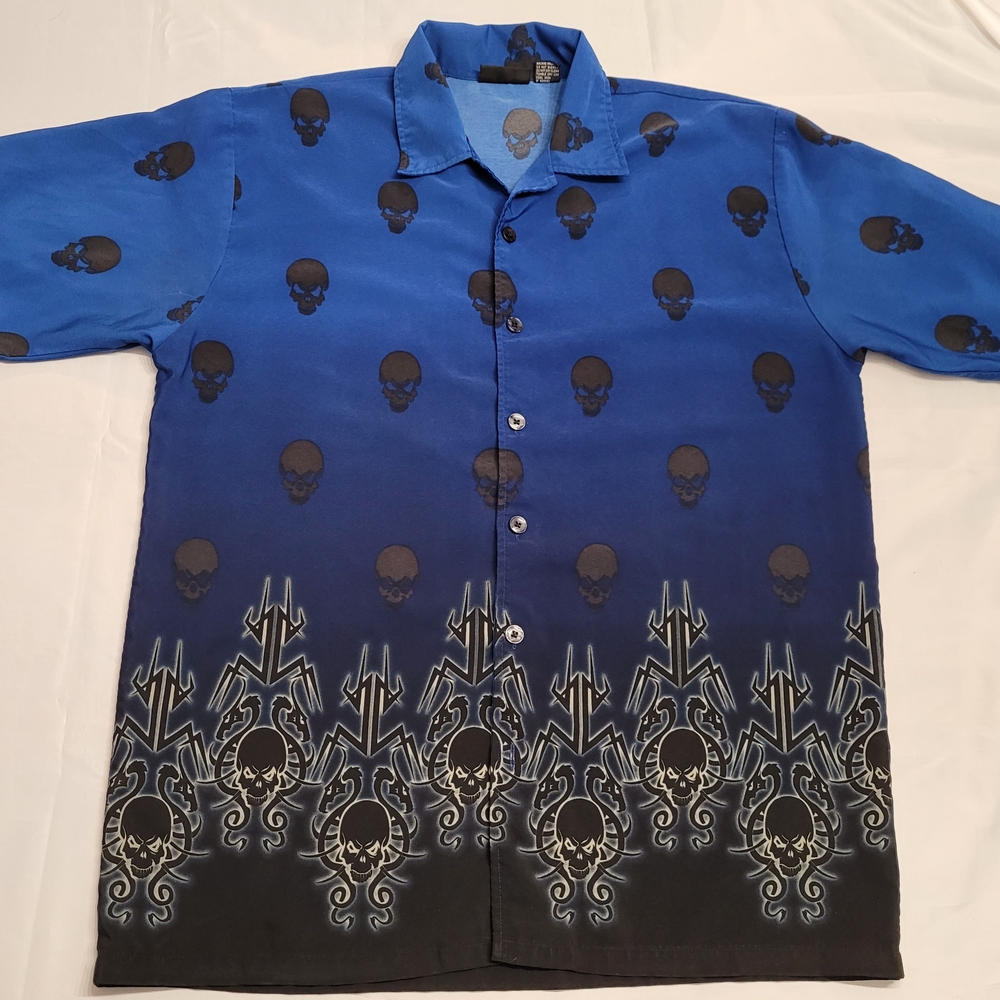 odo Skull Tribal Flame Shirt Y2K Goth Blue Button Up Mens Large